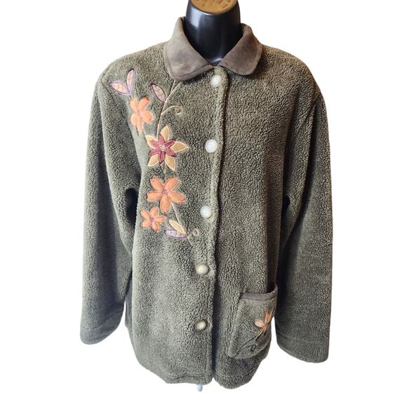 Teddi Floral Embroidered Sherpa Fleece Jacket Women Large Cozy Fall Cottagecore - Picture 8 of 15